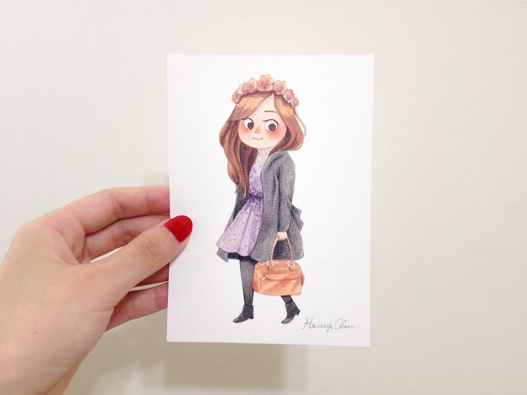 冬季女孩 NO.2 A6画卡 水彩插画明信片 - 万用卡 艺术画卡 - 卡片/明信片 - 纸 紫色