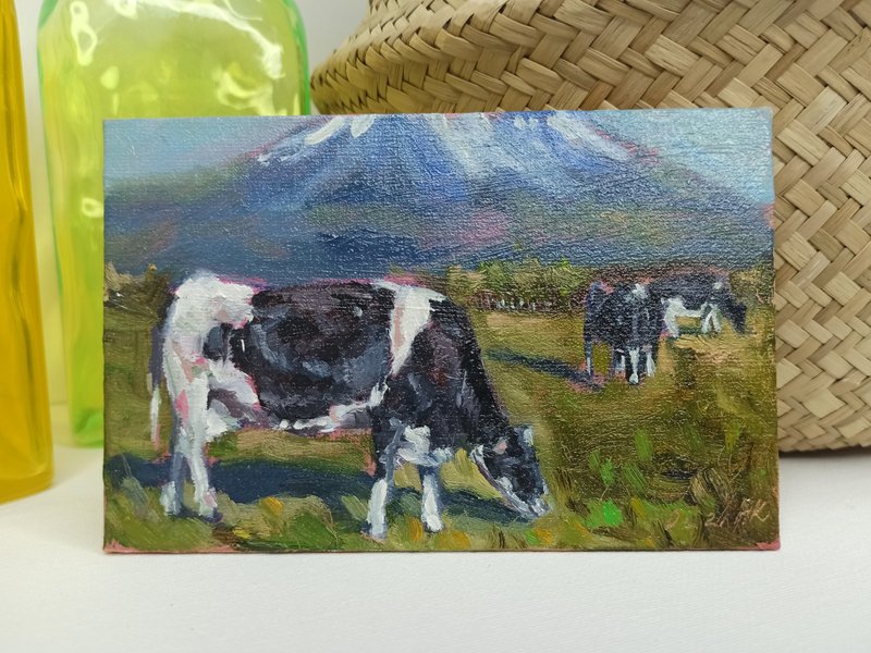 Cow small art  Animal oil painting original  Impressionist painting Tiny art - 墙贴/壁贴 - 其他材质 绿色