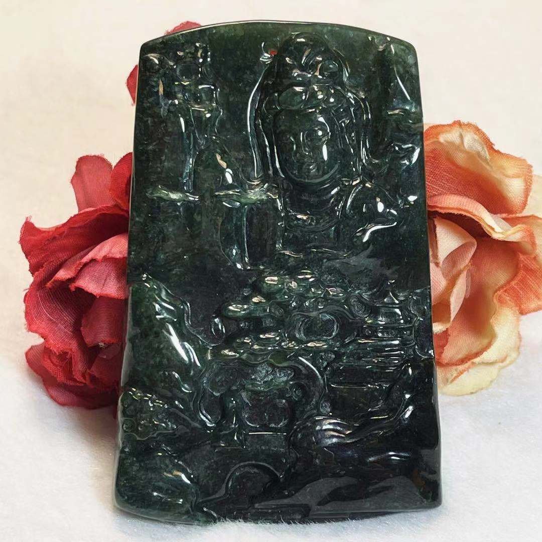 多宝晶石/天然翡翠A货山水观音/蓝水观音/观音牌/缅甸蓝水/附证书 - 项链 - 玉石 蓝色