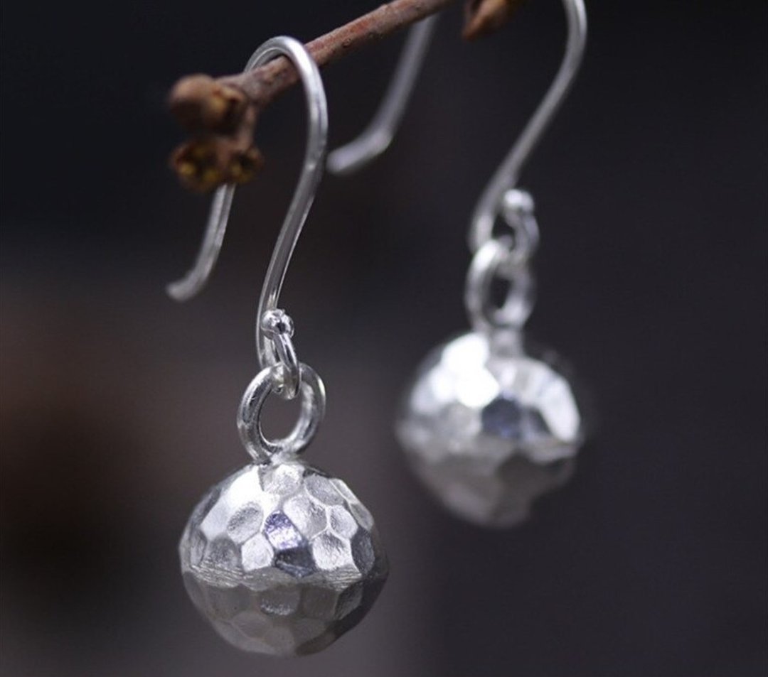 Real 925 Sterling Silver Designer Uneven Lunar Surface Balls Earrings Women - 耳环/耳夹 - 纯银 银色