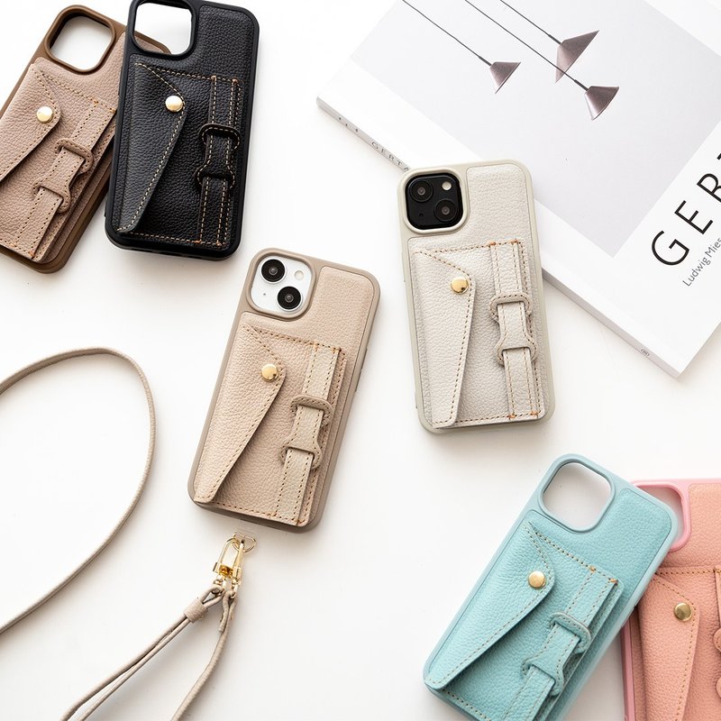 彩色后壳，可更换卡袋和腰带 [收缩皮革] 真皮 iPhone 智慧型手机保护套 智慧型手机肩带 暗色 JS16K - 手机壳/手机套 - 真皮 咖啡色