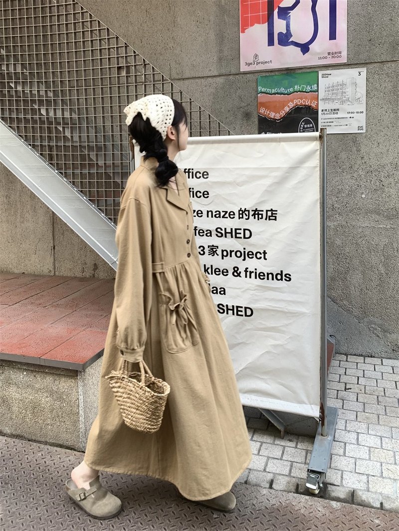 拼布西装领 宽松慵懒感  长袖衬衫连衣裙  洋装 设计感 棉质 - 洋装/连衣裙 - 棉．麻 卡其色