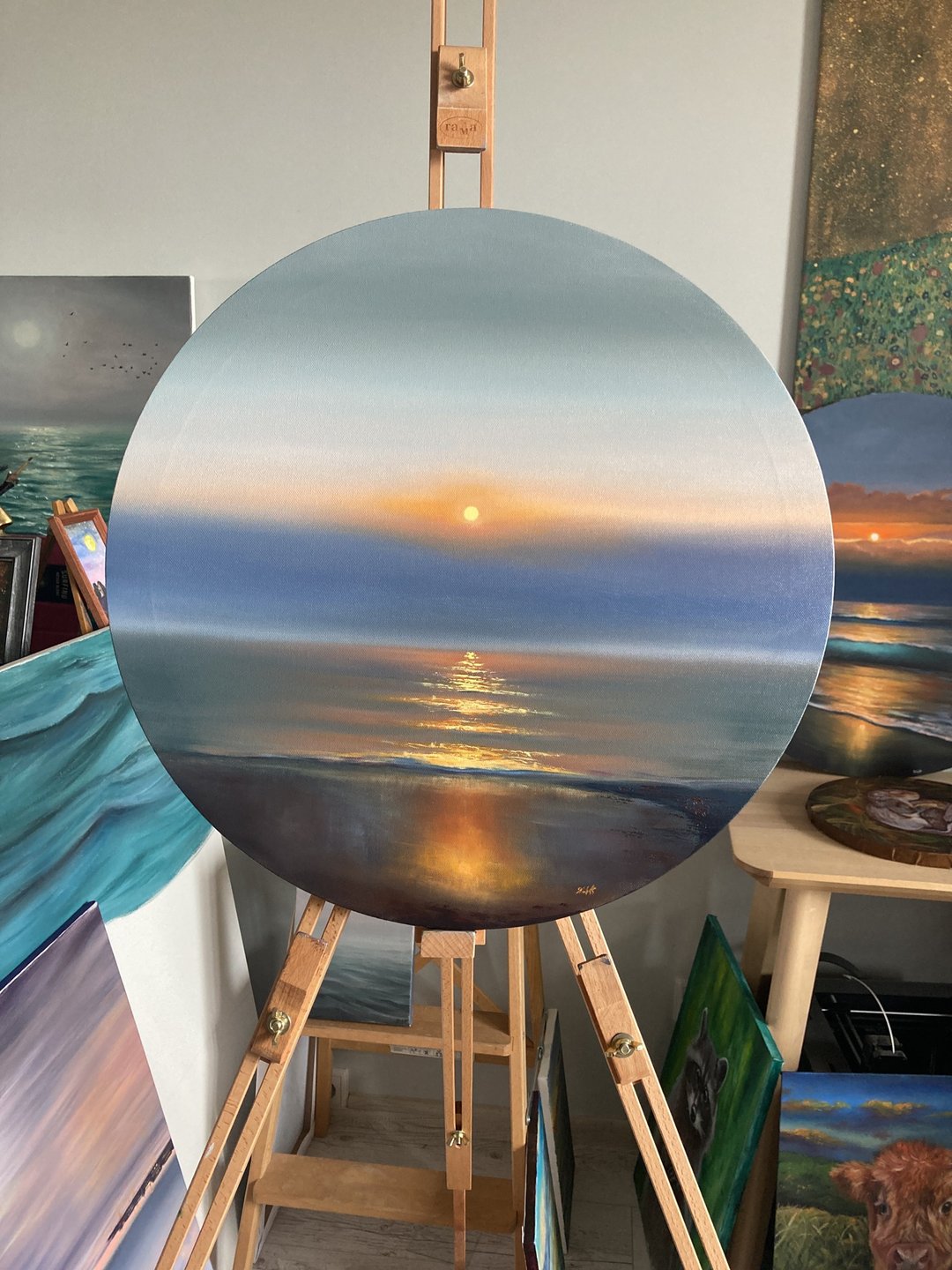 原创日出海洋油画，圆形画布绘画，原创画布艺术 - 墙贴/壁贴 - 棉 蓝色