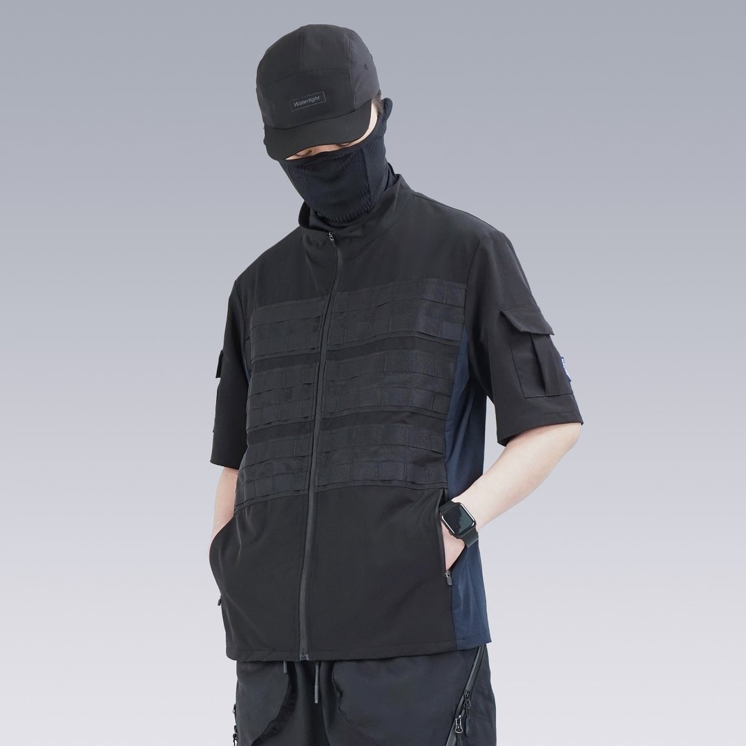 拼接短袖拉链外套 机能夏季薄款立领上衣 开衫半袖夹克 - 男装上衣/T 恤 - 聚酯纤维 黑色