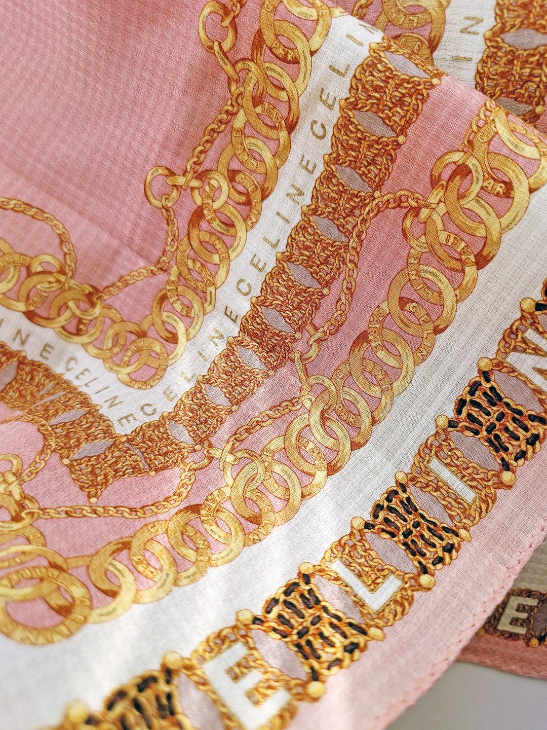 全新 CELINE 金环金币流苏链条 粉色手巾方巾手帕 绑包带围巾丝巾 - 其他 - 棉 粉红色