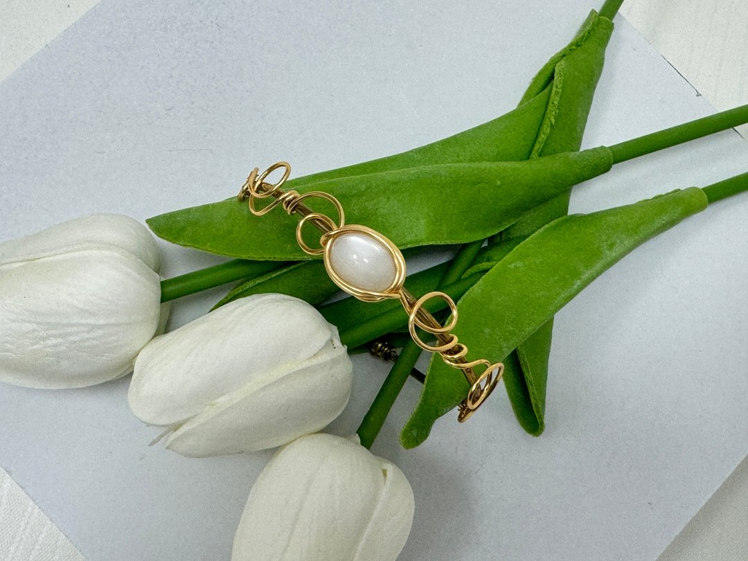 wire wrapping 奶油月亮石 铜线 绕线 手环 - 项链 - 铜/黄铜 白色