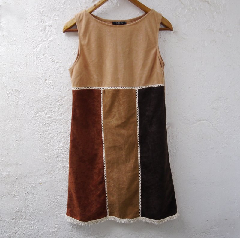 FOAK古着 大地色块拼接背心洋装 - 洋装/连衣裙 - 聚酯纤维 咖啡色