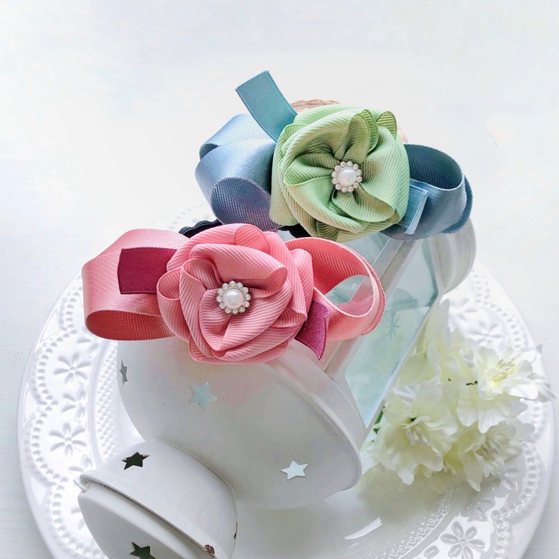 缎带手缝花气质典雅OL发圈发饰-粉色草绿色 - 发饰 - 其他材质 粉红色