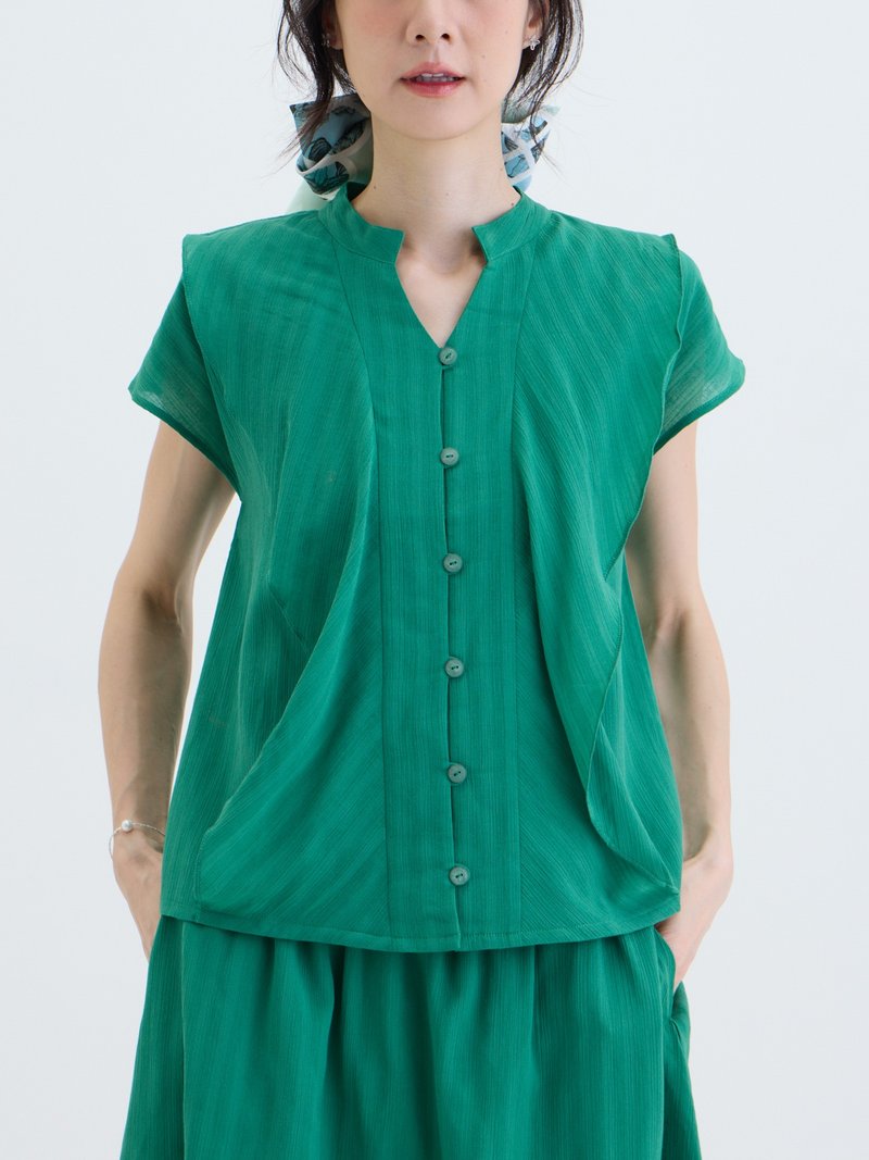 叶语开襟连袖上衣-柳竹 - 女装 T 恤 - 其他人造纤维 绿色