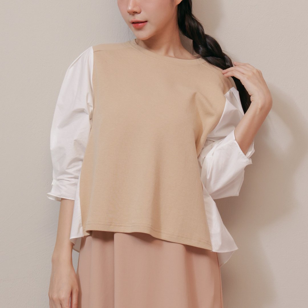 宽袖-假二件宽松上衣-米色 - 女装上衣 - 棉 白色