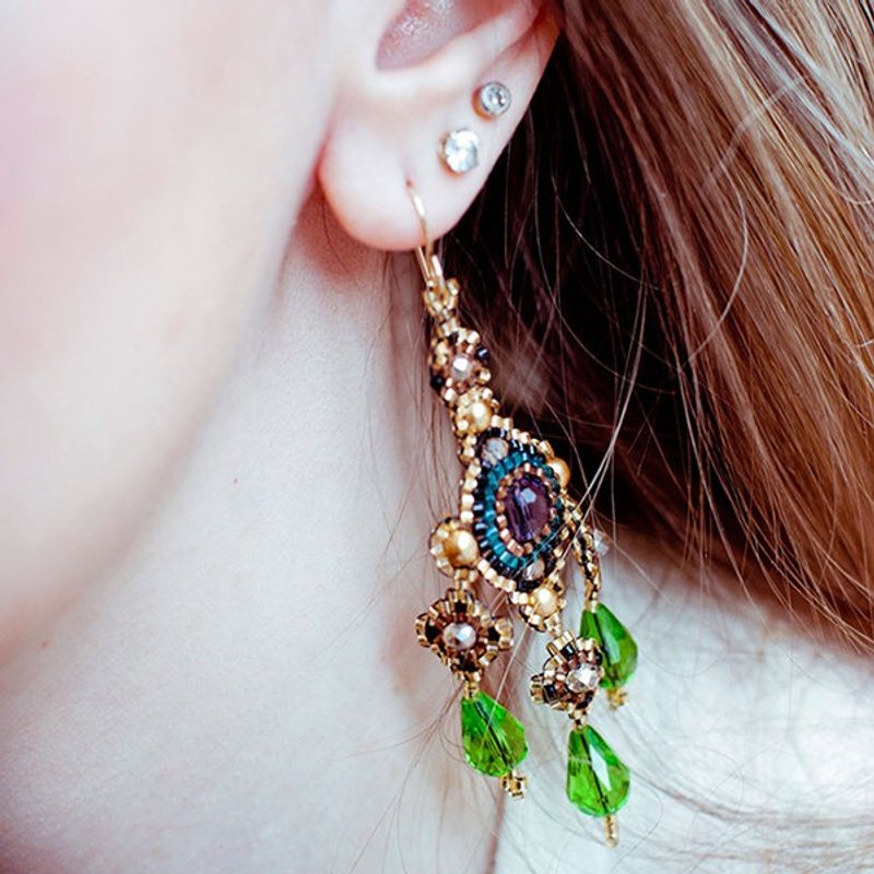 Beaded Chandelier Earrings, Crystal Beaded Earrings, Big Statement Earrings, Beaded Dangle Earrings, Purple Gold Green, Pearls - 耳环/耳夹 - 玻璃 多色