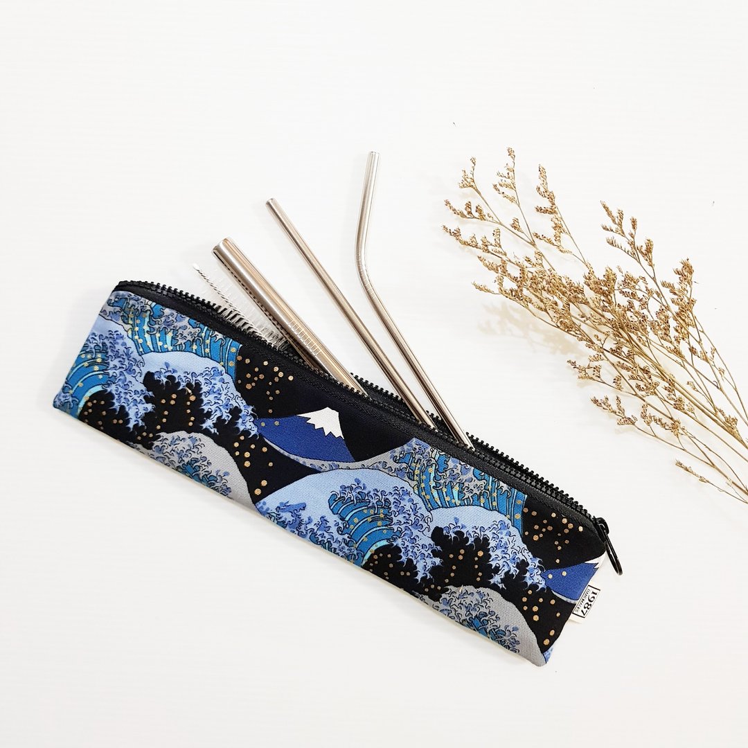 【浮世绘大海浪】 餐具袋 吸管袋 环保 笔袋 刷具袋 圣诞交换礼物 - 收纳用品 - 棉 黑色