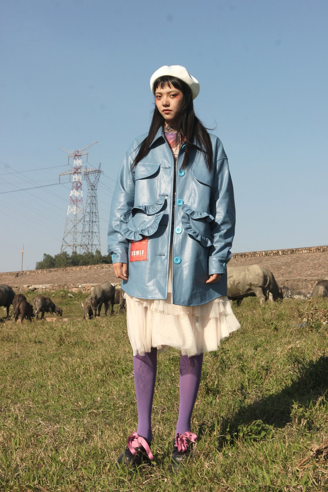雾霾蓝色泰迪绒内里复古老爹中长宽松皮衣女外套 - 女装休闲/机能外套 - 人造皮革 蓝色