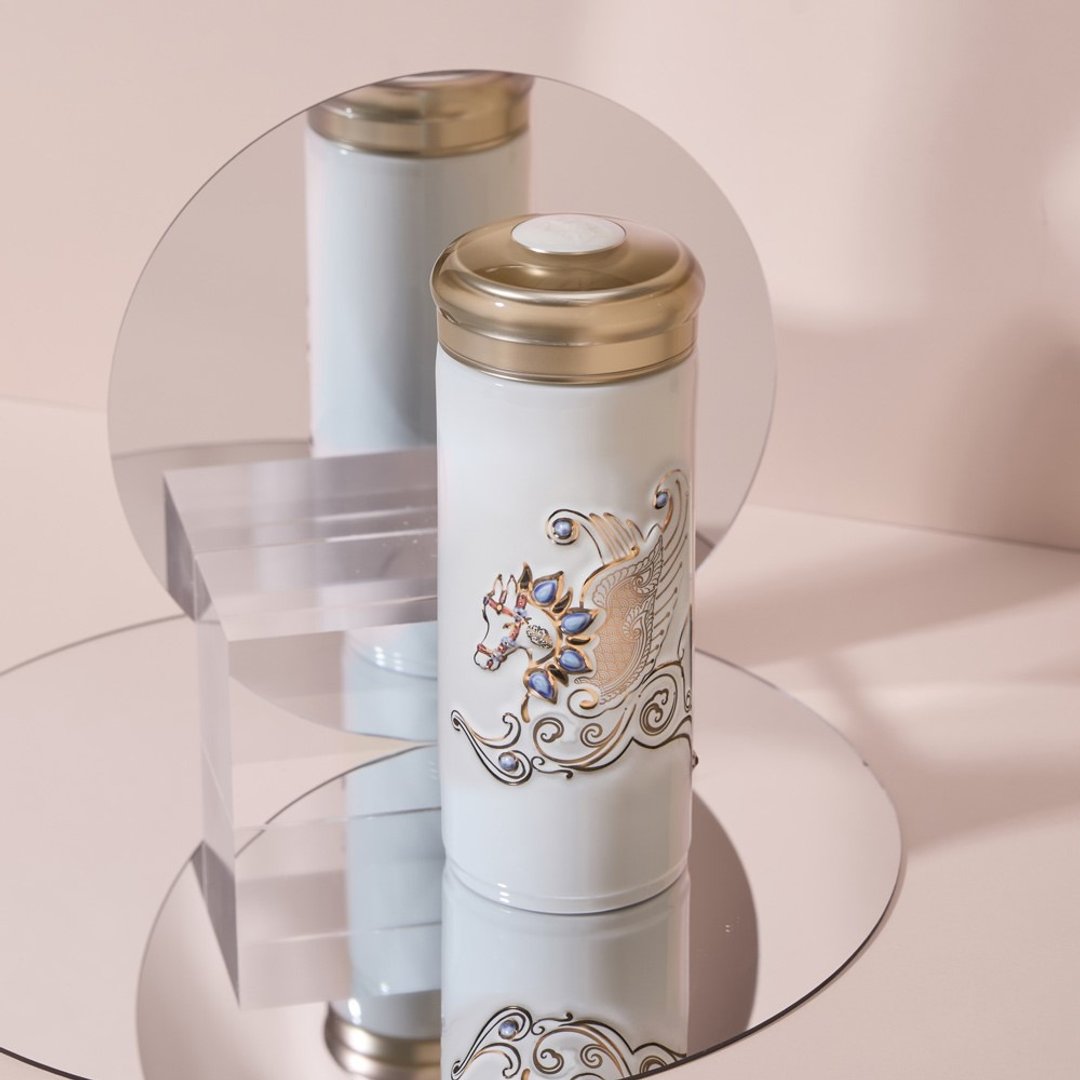 干唐轩活瓷 |  皇家飞马随身杯 / 大 / 双层 / 牙白描金 330ml - 水瓶/水壶 - 瓷 白色