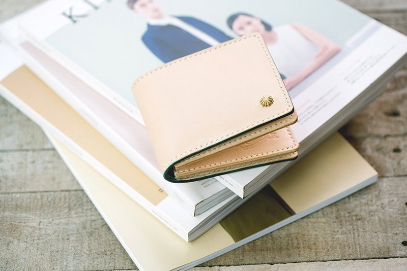 植物鞣手缝双色短夹 - 皮夹/钱包 - 真皮 橘色