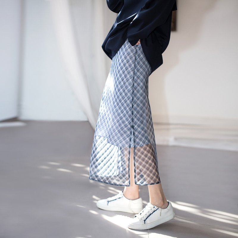 杲果GAOGUO原创设计师女装品牌 夏蓝格纹真丝纱开衩中长仙女半裙 - 裙子 - 丝．绢 蓝色