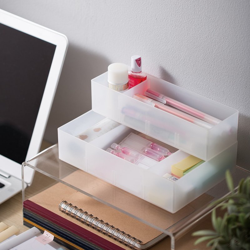 日本霜山 可叠分隔式桌面抽屉雾透PP收纳盒-小-3入(送分隔片12入) - 收纳用品 - 塑料 透明