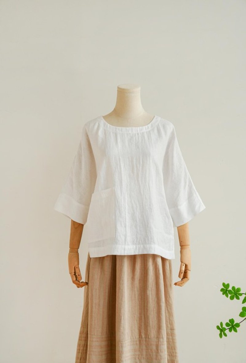 宽松亚麻五分袖上衣 休闲风格 透气舒适 日常穿搭 白色 230402-6 - 女装上衣 - 棉．麻 