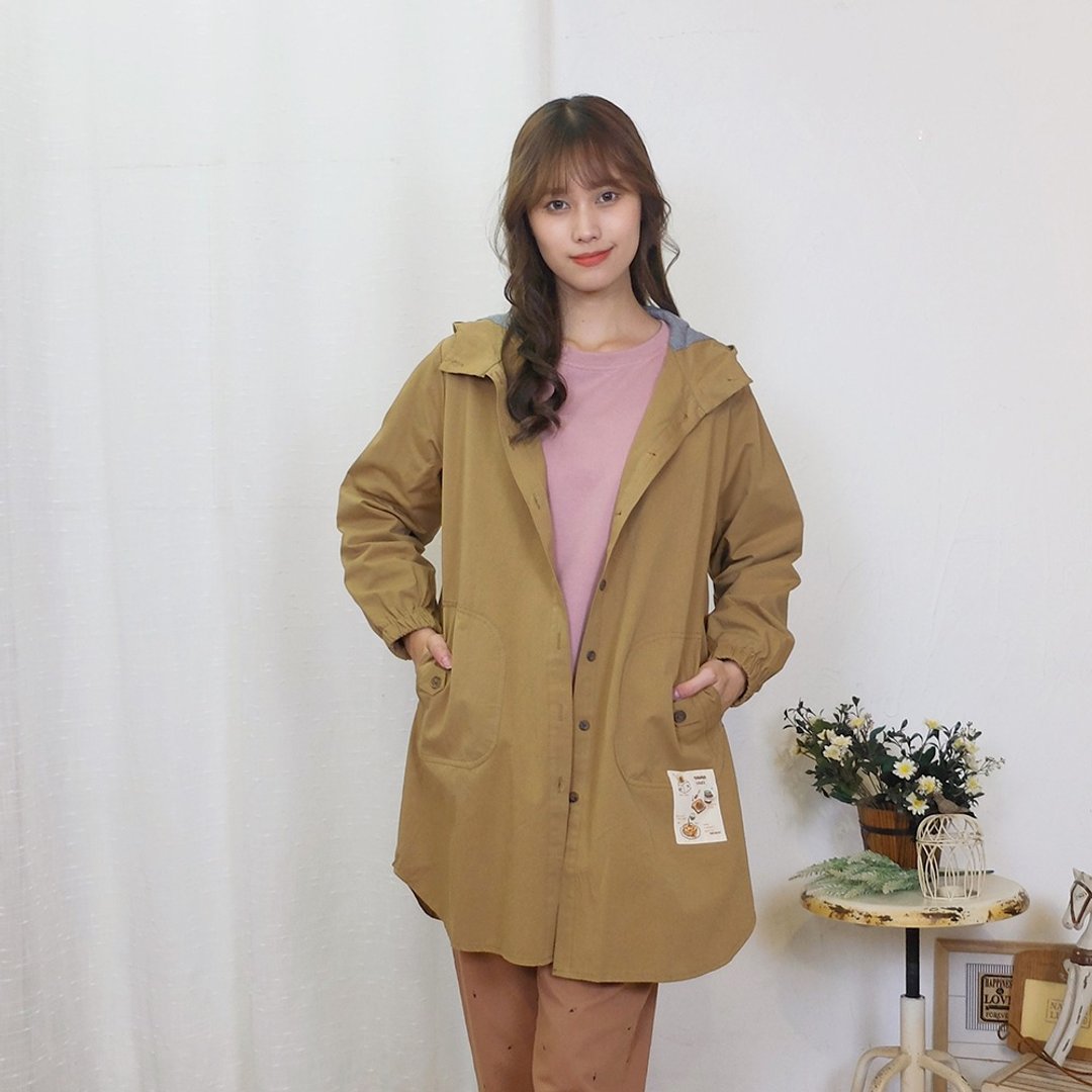 Hana Mokuba 纽扣门襟长版连帽风衣外套 - 女装休闲/机能外套 - 棉 
