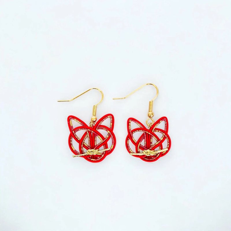 日本和风红金猫咪水引耳环 手工制作传统风格饰品 - 耳环/耳夹 - 丝．绢 红色