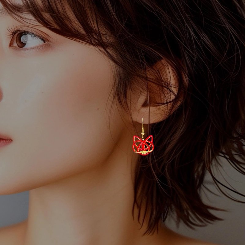 日本和风红金猫咪水引耳环 手工制作传统风格饰品 - 耳环/耳夹 - 丝．绢 红色