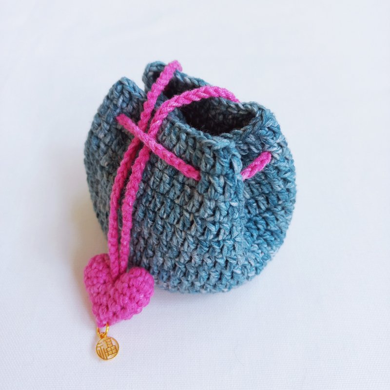 爱心粉红牛仔折口迷你钩织束口袋 - 束口袋双肩包 - 棉．麻 蓝色