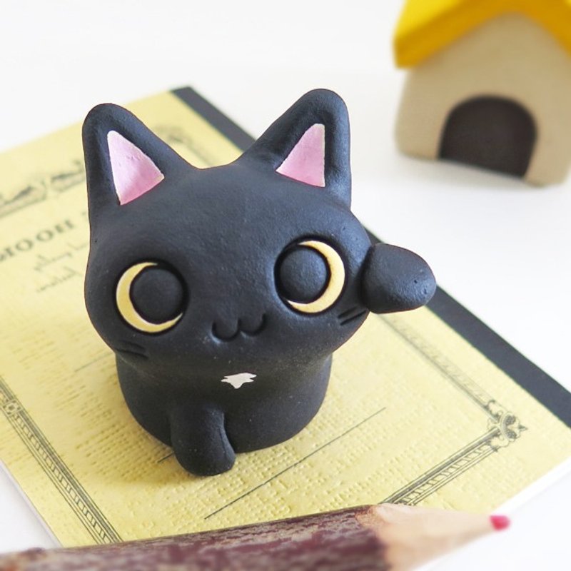Beans cat, left, invited black cat figurine - 摆饰 - 粘土 黑色