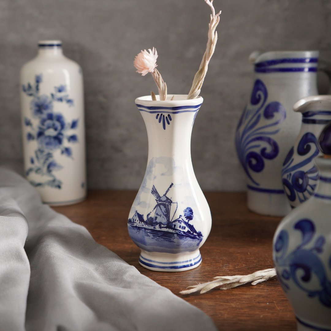 荷兰Delft Blue风格半手绘风车花瓶/台夫特/代尔夫特 - 花瓶/陶器 - 陶 蓝色