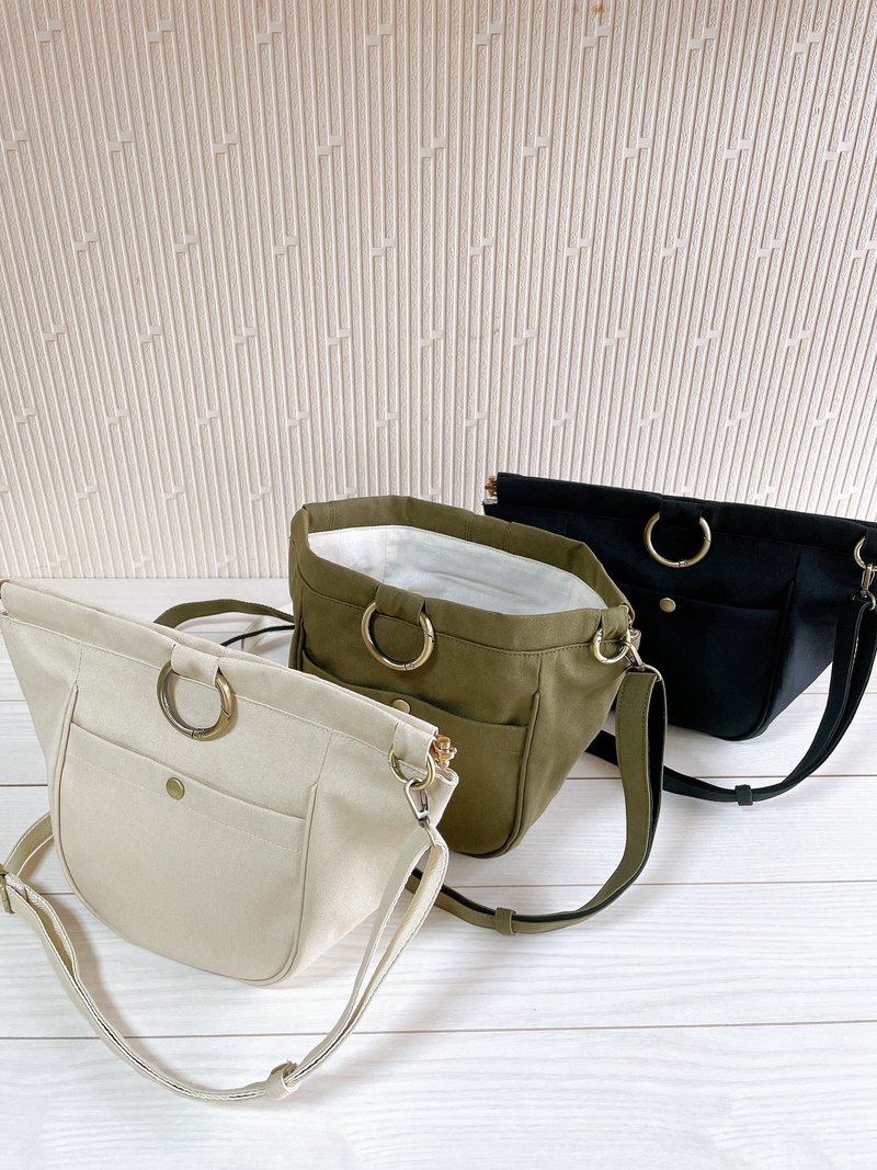 仓敷帆布 六角形开阖弹簧口金 肩背包 月牙包 半月包 卡其 黑 浅褐色 - 侧背包/斜挎包 - 棉．麻 卡其色