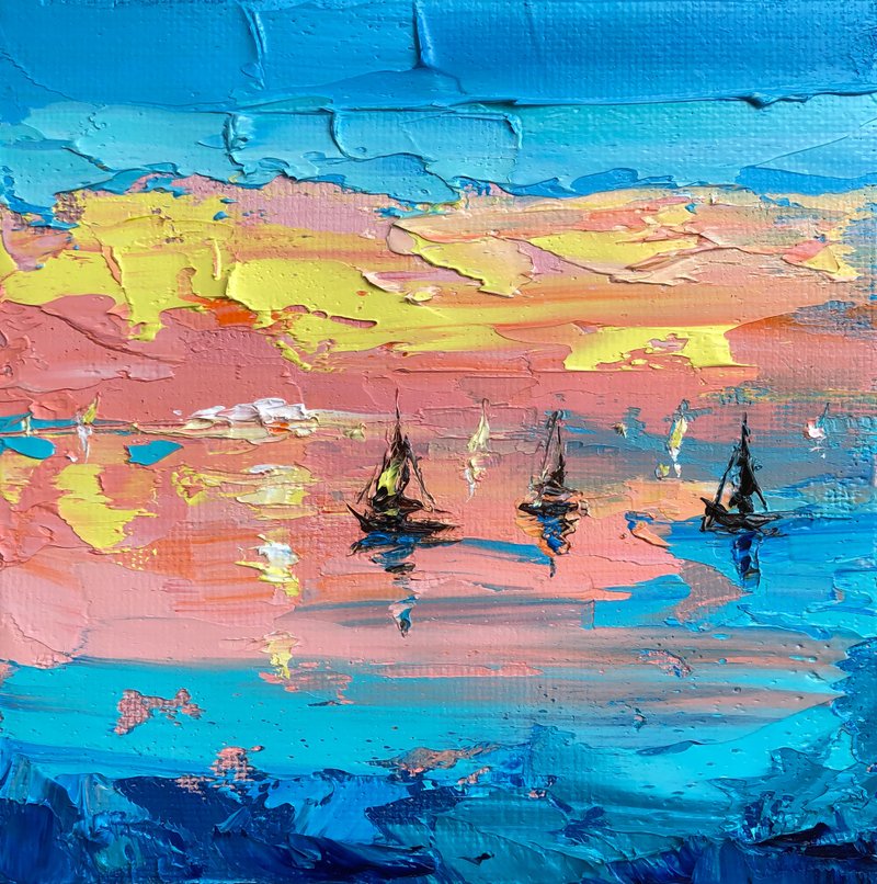 Original Sunset Sunrise Landscape Oil Painting On Canvas Seascape Sailboats Art - 墙贴/壁贴 - 棉．麻 多色