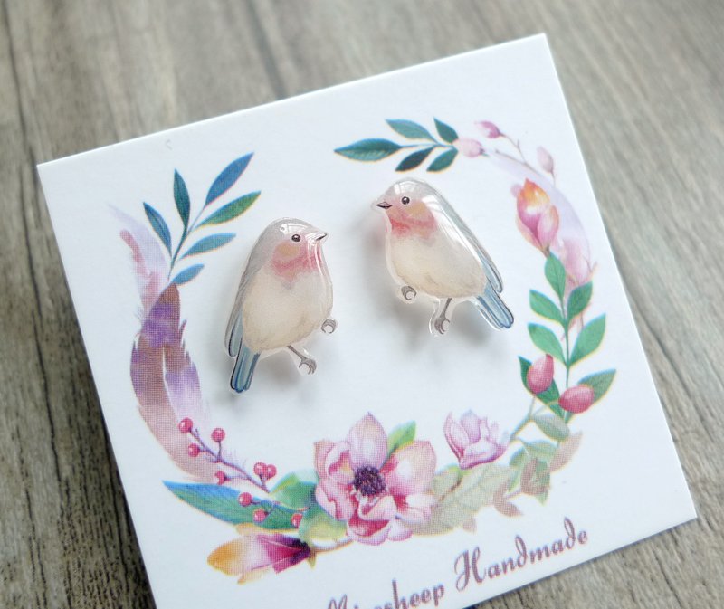 Misssheep-U01-胭脂鸟 水彩手绘风格 小鸟 手作耳环 (耳针 / 可转耳夹) (一对) - 耳环/耳夹 - 塑料 