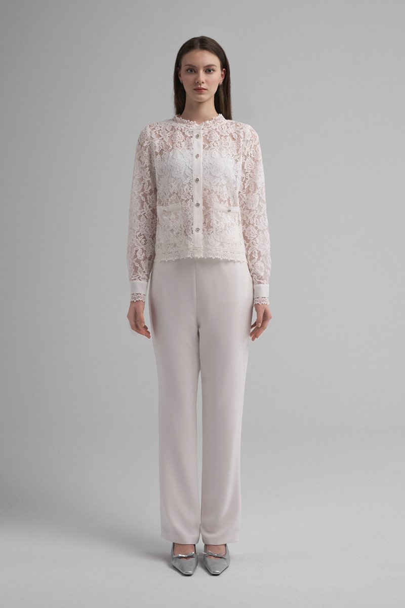 Rhea优雅织梦手工珠扣蕾丝外套 - 女装衬衫 - 其他人造纤维 白色