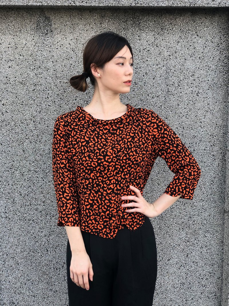 宽领斑纹七分袖上衣 - 女装上衣 - 其他材质 