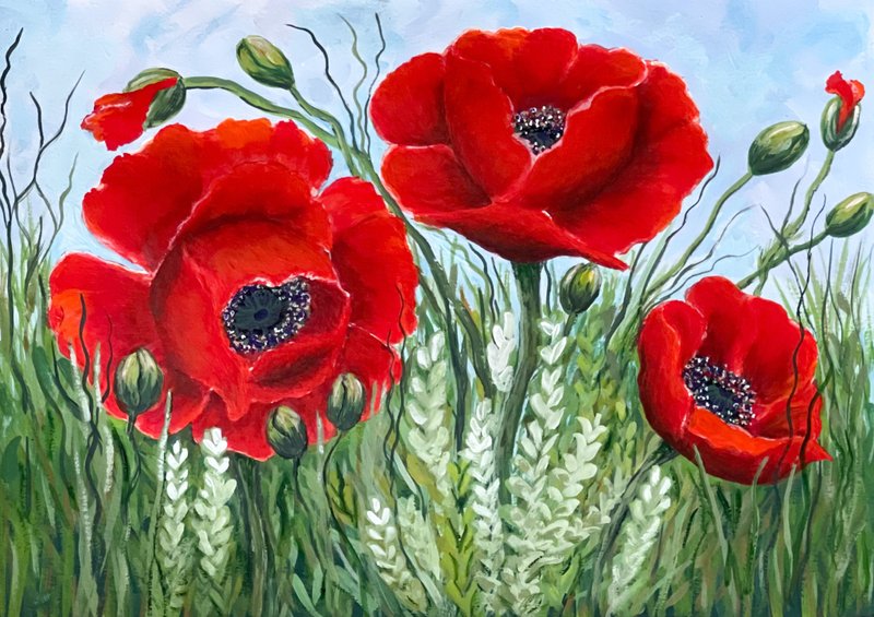 Large poppies in the green grass. Painting Gouache. - 墙贴/壁贴 - 纸 
