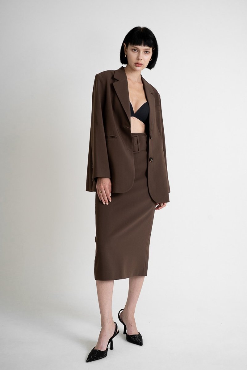 High Waist Pencil Skirt-Chocolate | 宽腰带开衩高腰窄裙-深咖 - 裙子 - 聚酯纤维 咖啡色