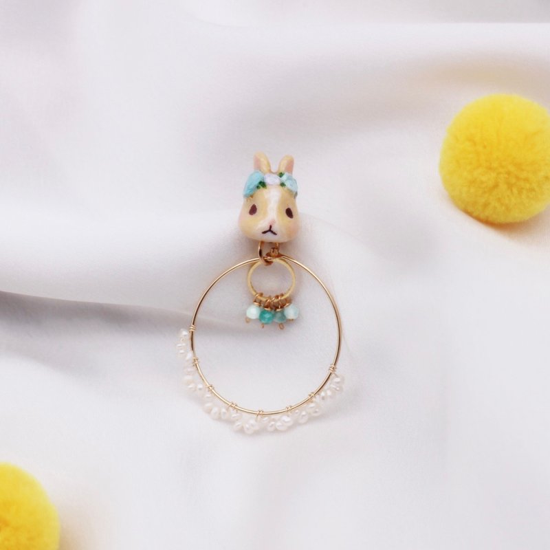 【 圣诞|交换礼物】现货 | 花环珍珠兔耳针 | 耳夹 耳饰 - 耳环/耳夹 - 粘土 