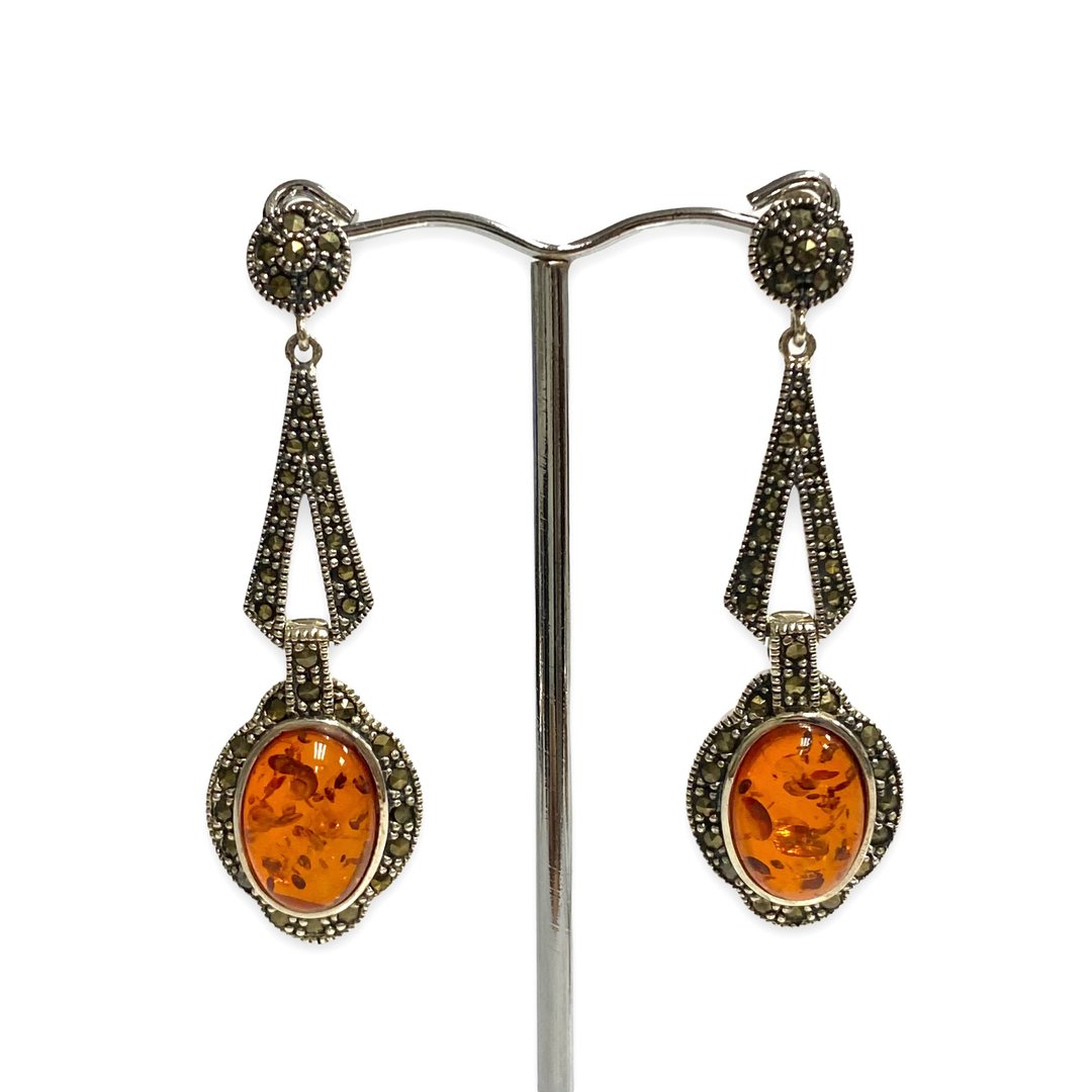 Art Deco Style Stunning Amber Marcasite Set Pendant Earrings 925 Sterling Silver - 耳环/耳夹 - 银 银色