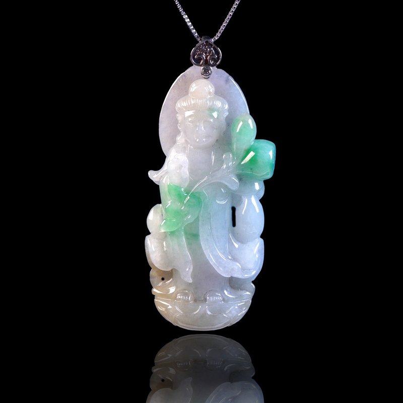 飘阳绿翡翠持莲观音项链 925纯银 | 天然缅甸玉翡翠A货 | 送礼 - 项链 - 玉石 绿色