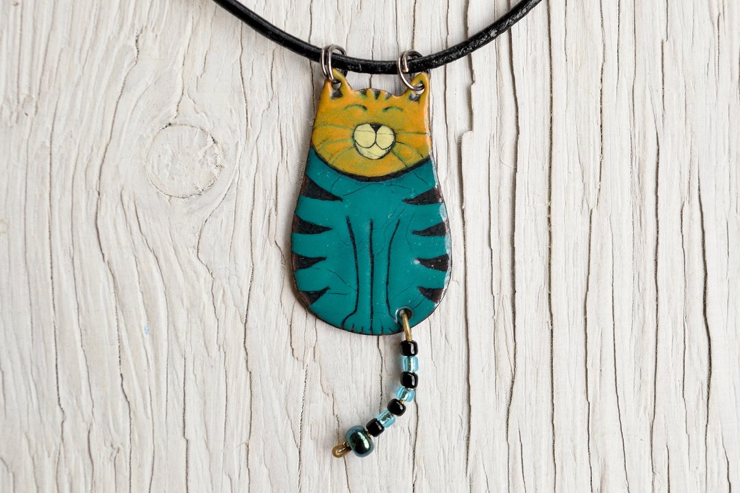 Turquoise Cat Pendant, Cat Necklace, Enamel Pendant, Enamel Jewelry,  - 项链 - 珐琅 
