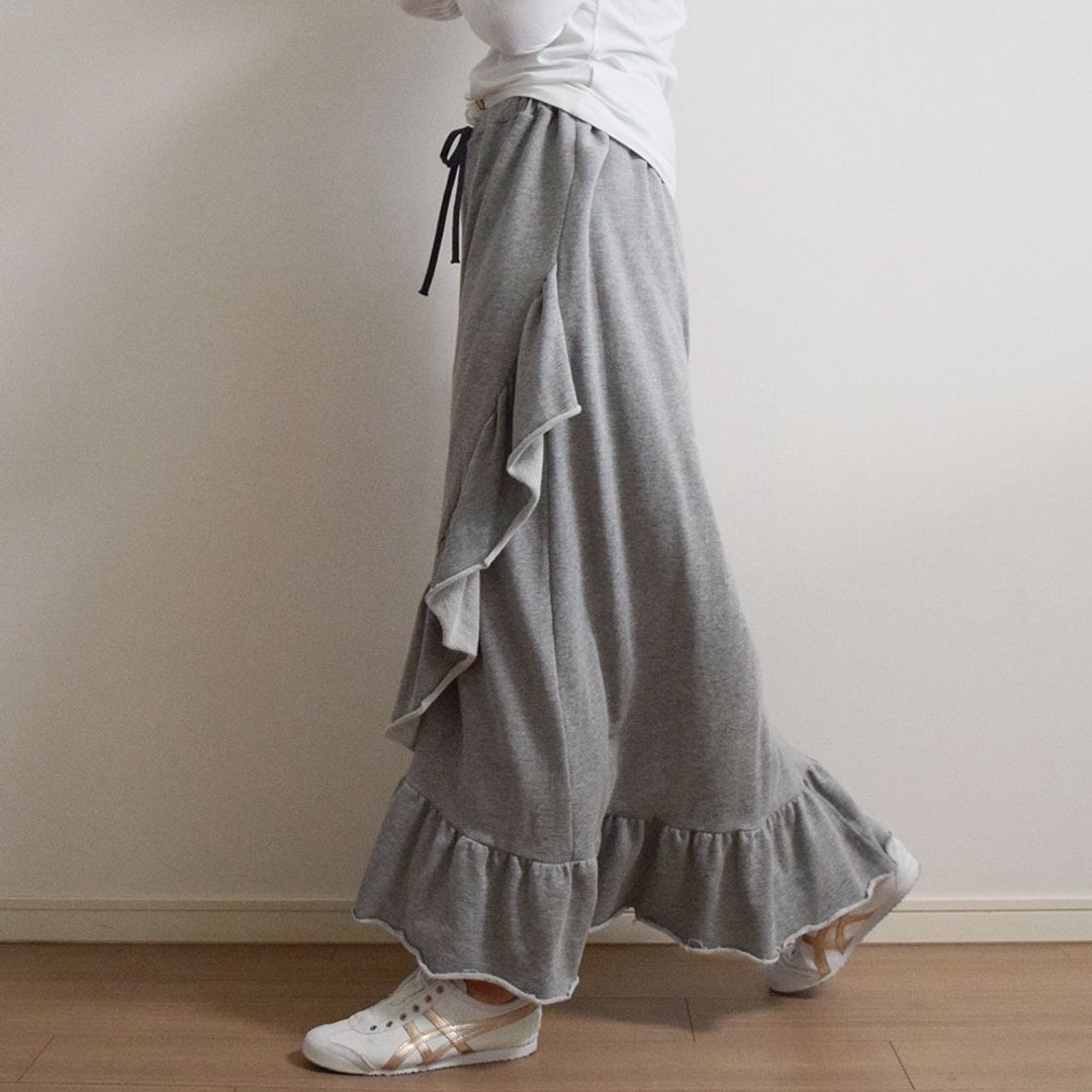 Mini Fleece Fleece Frill Maxi Skirt Gray Made-to-Order - 裙子 - 棉 灰色