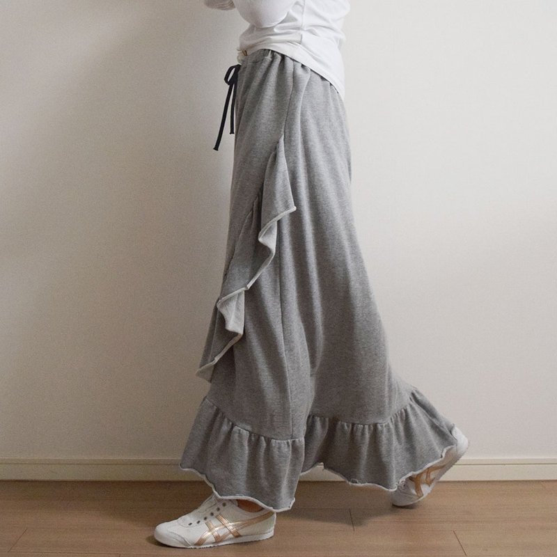 Mini Fleece Fleece Frill Maxi Skirt Gray Made-to-Order - 裙子 - 棉．麻 灰色