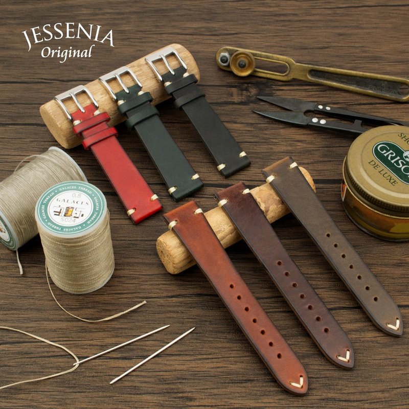 JESSENIA ORIGINAL 19M 20M 22MM 义大利油打蜡手缝线小牛皮表带 - 表带 - 真皮 多色
