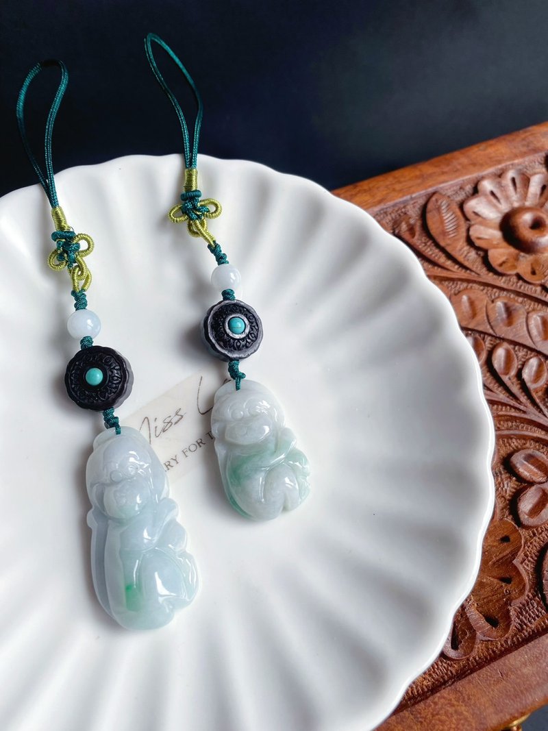 天然缅甸玉翡翠 猴 猴子抱桃 松石 包挂 长寿 礼物 官运亨 - 挂绳/吊绳 - 玉石 绿色