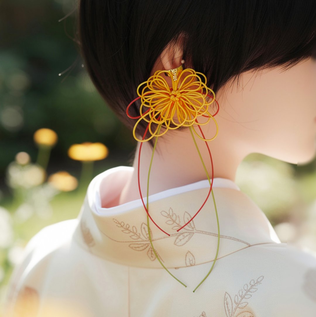 饰结单边耳环 花回旋・色 | 手染线材制成的大轮花。适合浴衣・和服・洋装。 - 耳环/耳夹 - 其他金属 黄色
