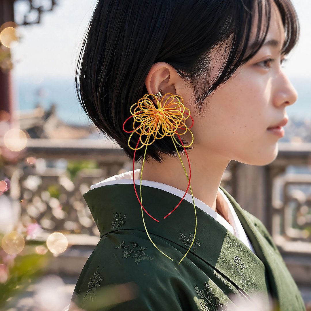 饰结单边耳环 花回旋・色 | 手染线材制成的大轮花。适合浴衣・和服・洋装。 - 耳环/耳夹 - 其他金属 黄色