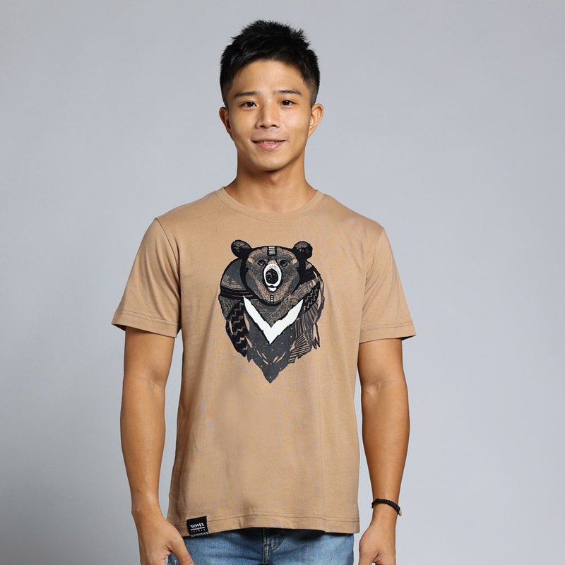 【森林动物系列】勇气黑熊植绒中性 T(浅咖啡) - 中性连帽卫衣/T 恤 - 棉．麻 咖啡色
