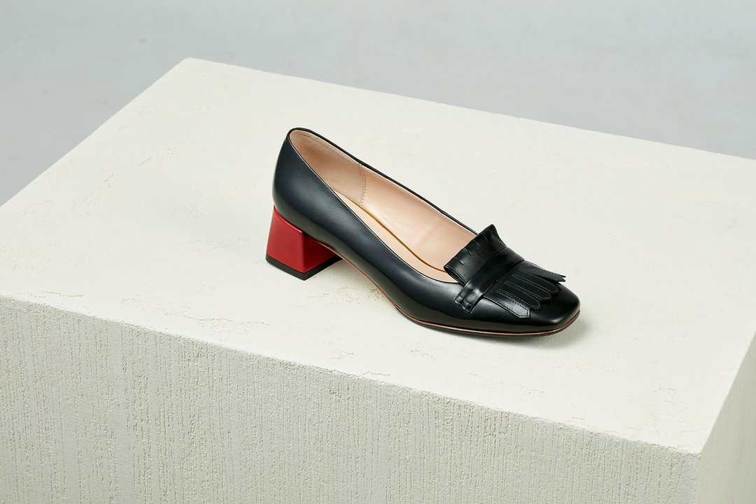HTHREE 4.6方头流苏跟鞋 / 黑 / 粗跟/ Tassel Heels - 女款牛津鞋/乐福鞋 - 真皮 黑色
