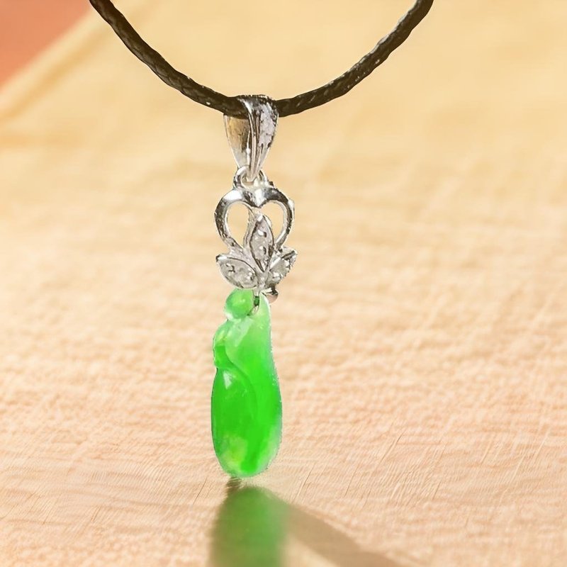 冰种老坑绿翡翠福瓜项链 18K金镶嵌坠头 | 天然缅甸玉翡翠A货 - 项链 - 玉石 绿色