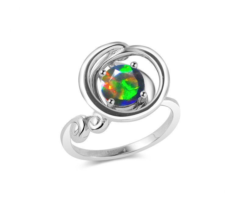 黑欧泊圆形戒指 10月诞生石单石戒指 简约波浪形925纯银漩涡指环 - 戒指 - 纯银 黑色