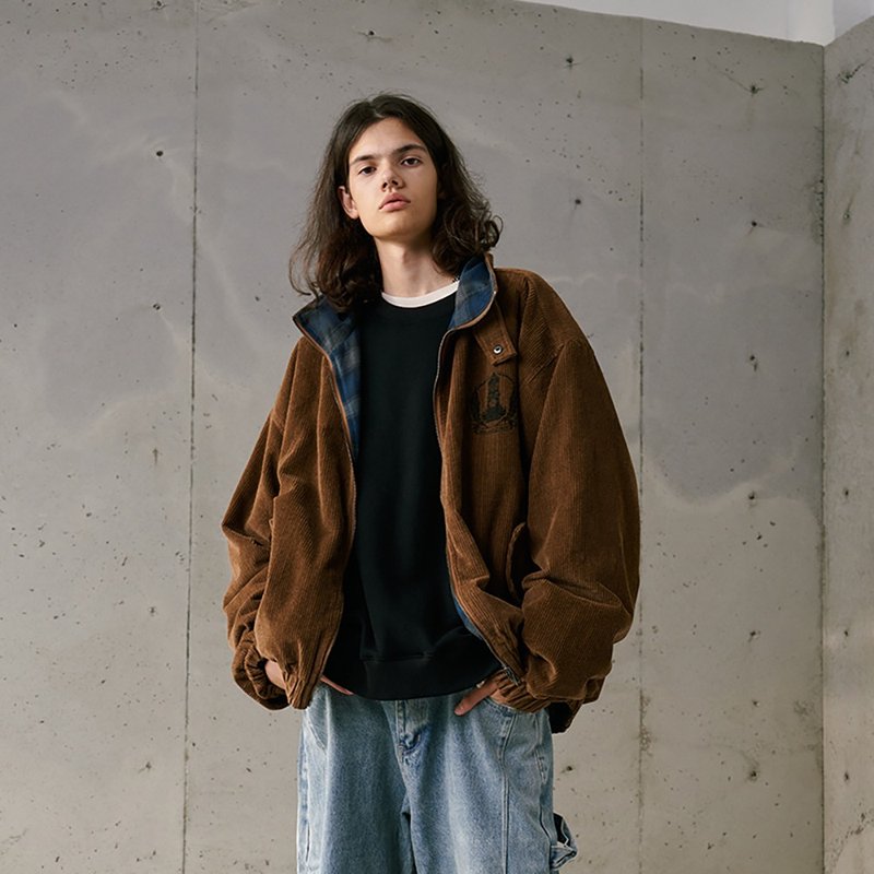 MOKACME 22AW秋冬原创复古英伦灯芯绒格子双面穿哈灵顿夹克外套 - 男装外套 - 聚酯纤维 咖啡色